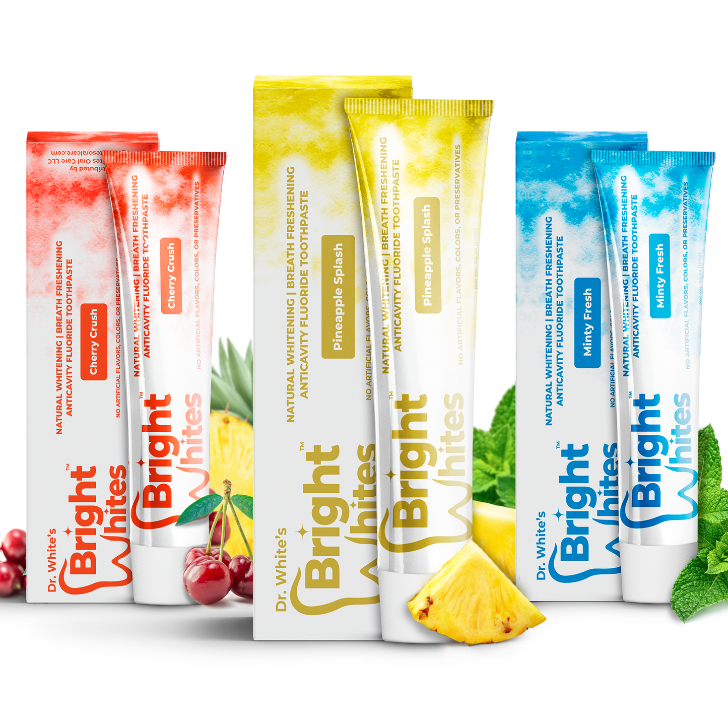 🍒🌿🍍 Dr. White’s Bright Whites Value Pack (3-Pack) – Cherry Crush, Minty Fresh & Pineapple Splash